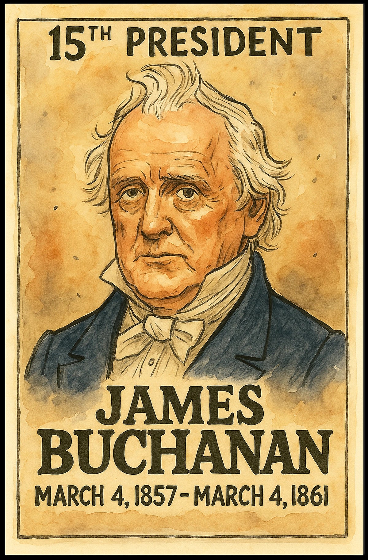 James Buchanan 15th President of the United States Exaggerated Cartoon Sketch Poster
