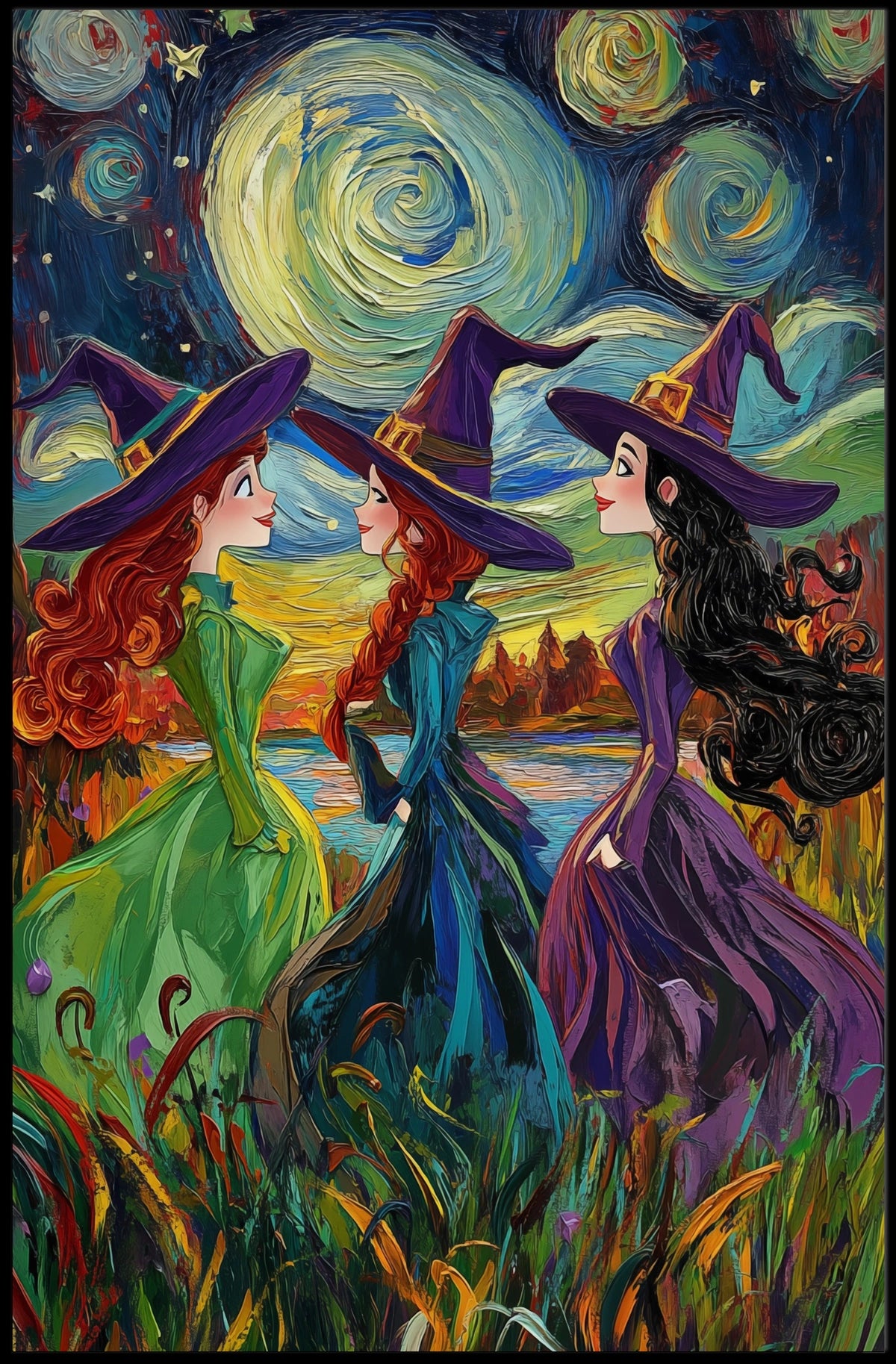 Three Witches Colorful Van Gogh Whimsical Poster