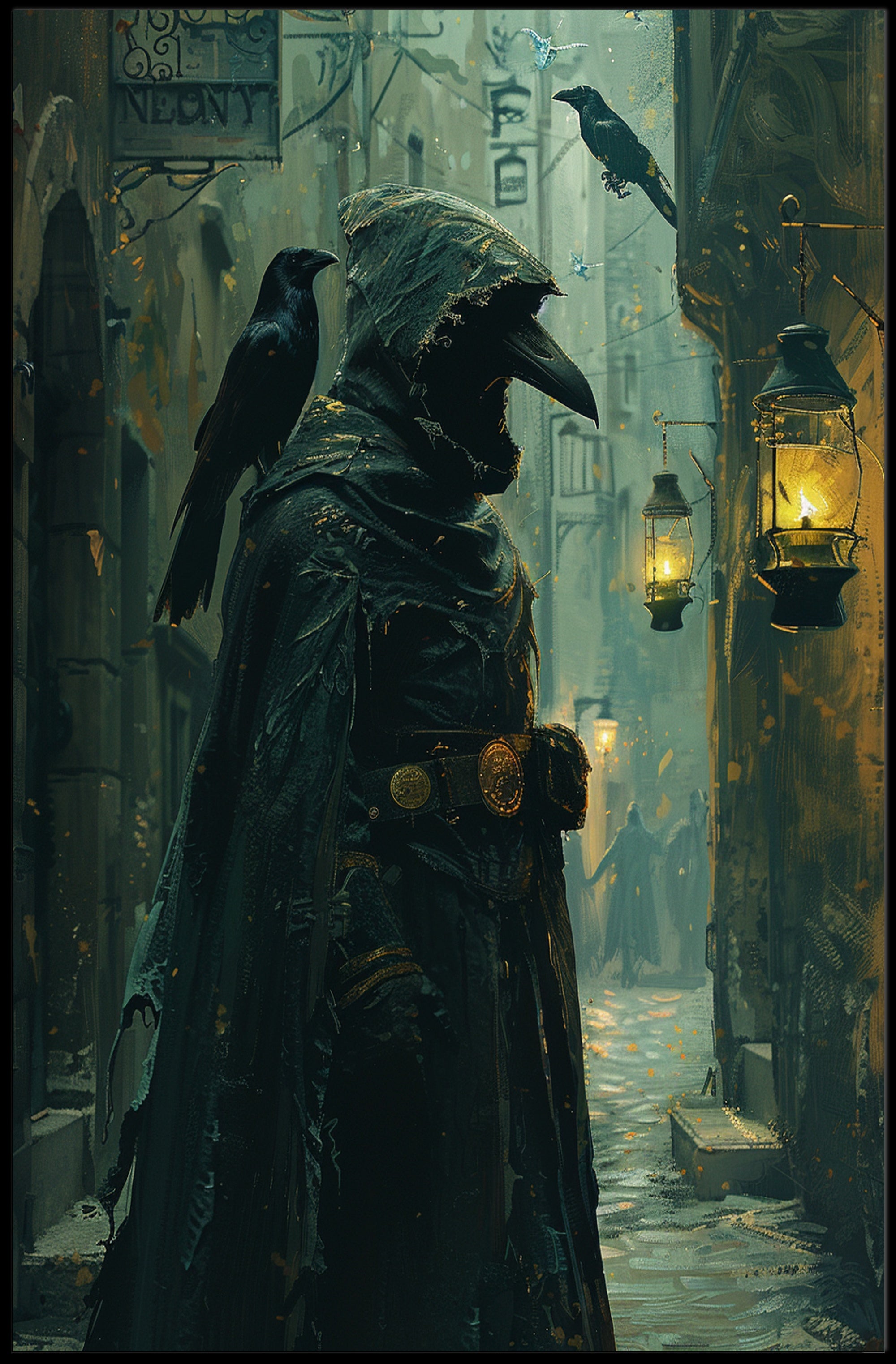 Mysterious Plague Doctor in Gothic Medieval Alley Poster PosterGoat