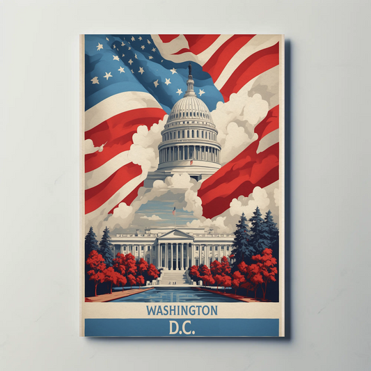 Washington D.C. Capitol American Flag Clouds Vintage Travel Poster
