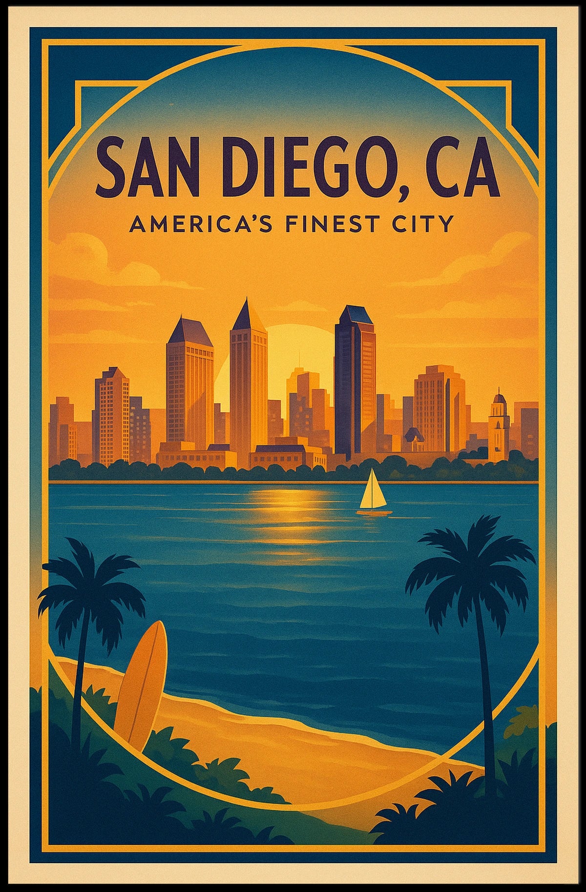 San Diego Sunset Skyline Vintage Travel Poster