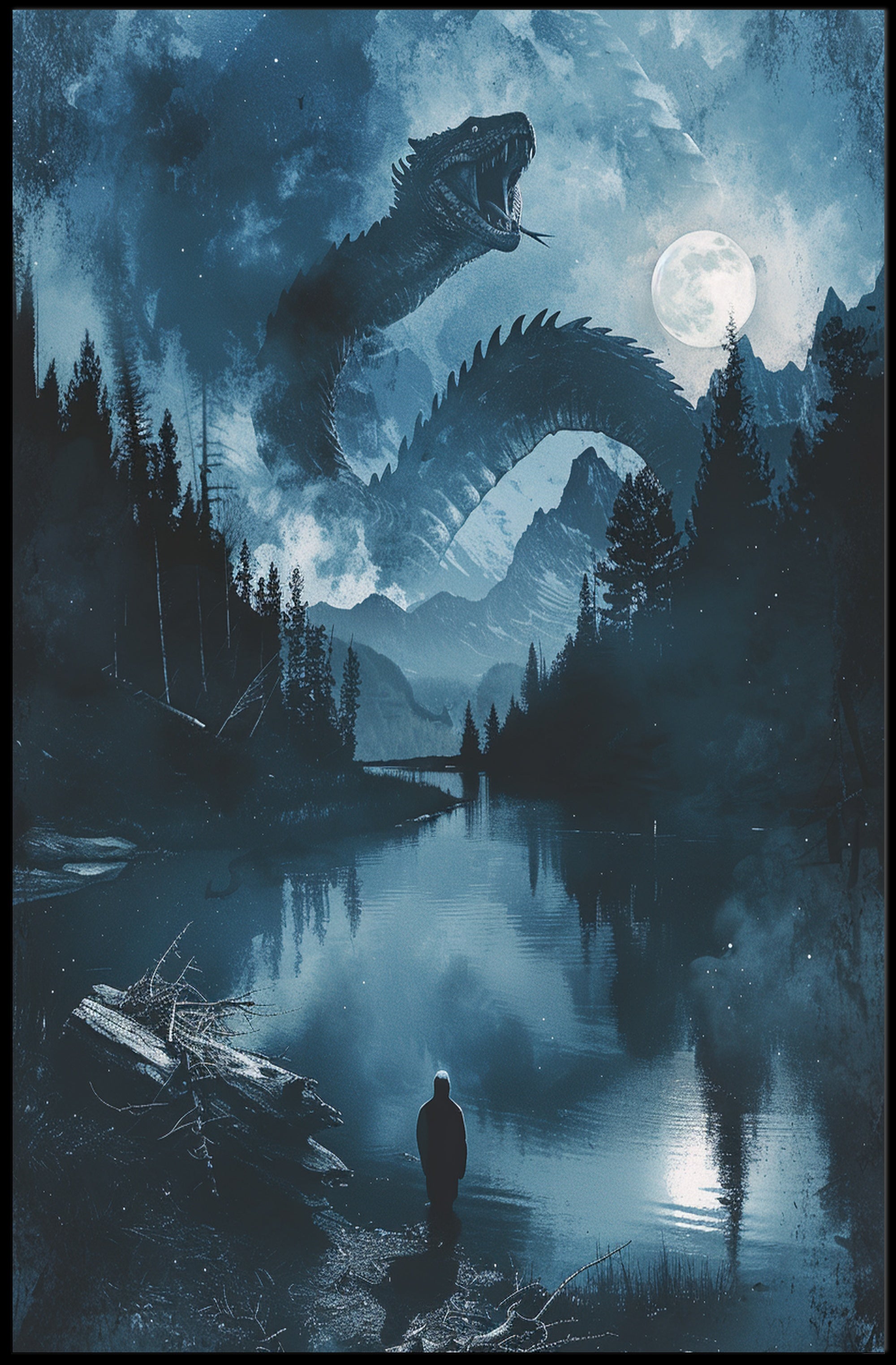 Epic Serpent Encounter in Mystical Landscape Fantasy Poster PosterGoat