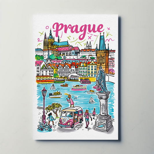 Prague Czech Republic Riverfront Scene Travel Poster