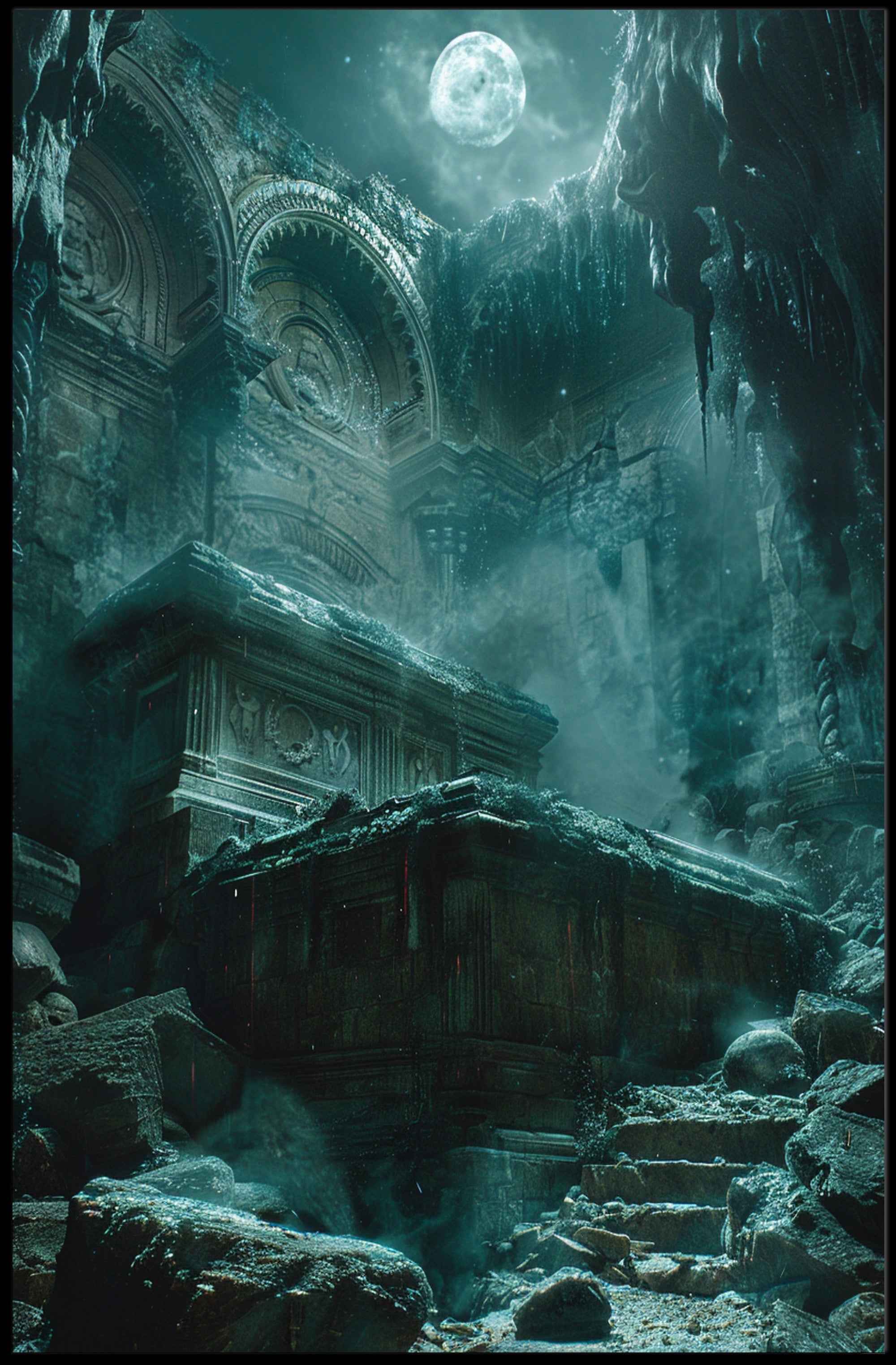 Mystical Temple Under Moonlit Sky Poster Art PosterGoat