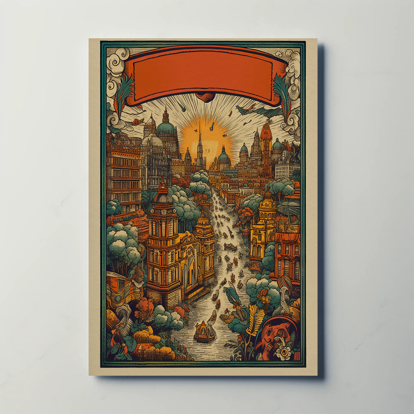 Fantasy River City Sunset Skyline Vintage Travel Poster
