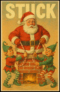 Santa Stuck in Chimney Christmas Poster Art