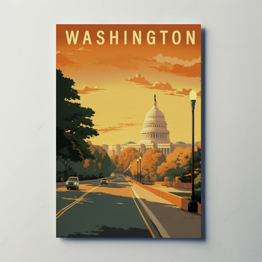 Washington USA Capitol Building Autumn Street Travel Poster