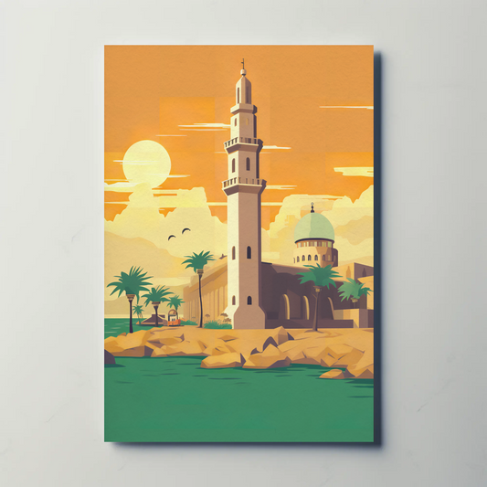 Seaside Mosque Golden Sunset Coastal Scene Travel Poster