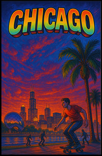 Skateboarding at Sunset in Vibrant Urban Cityscape Poster PosterGoat