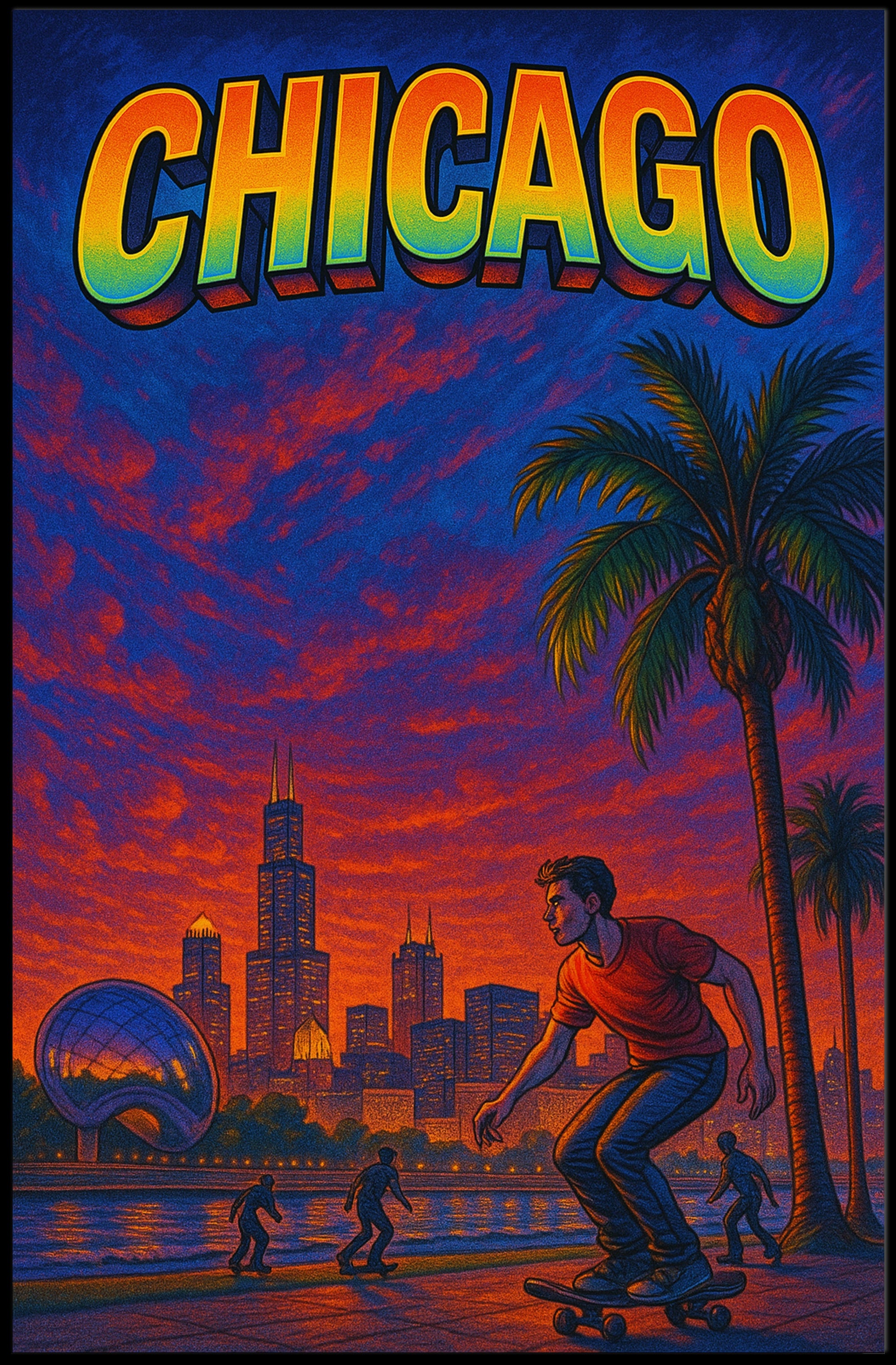 Skateboarding at Sunset in Vibrant Urban Cityscape Poster PosterGoat