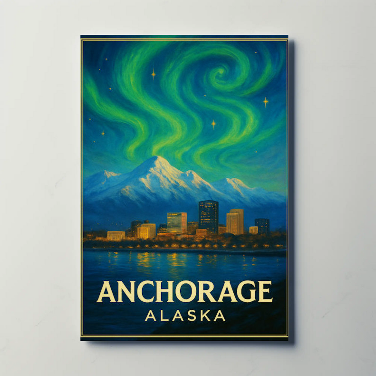 Anchorage Alaska Aurora Mountains Night Vintage Travel Poster