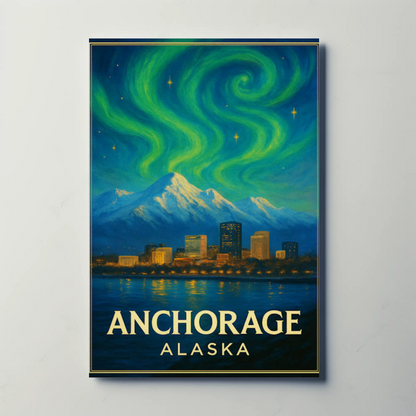 Anchorage Alaska Aurora Mountains Night Vintage Travel Poster