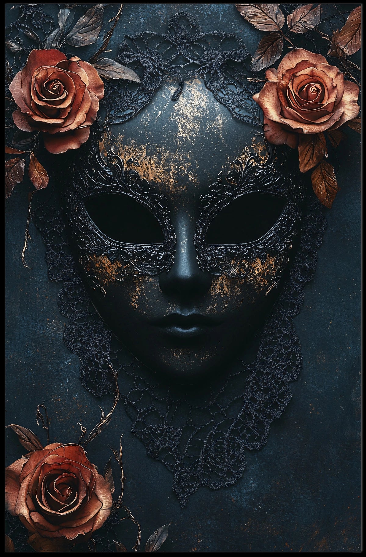 The poster features a stylized ornate mask in a dark and moody setting. Travel Poster
