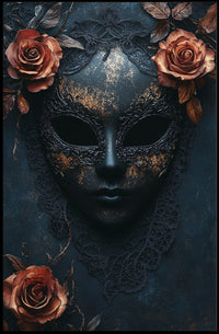 The poster features a stylized ornate mask in a dark and moody setting. Travel Poster