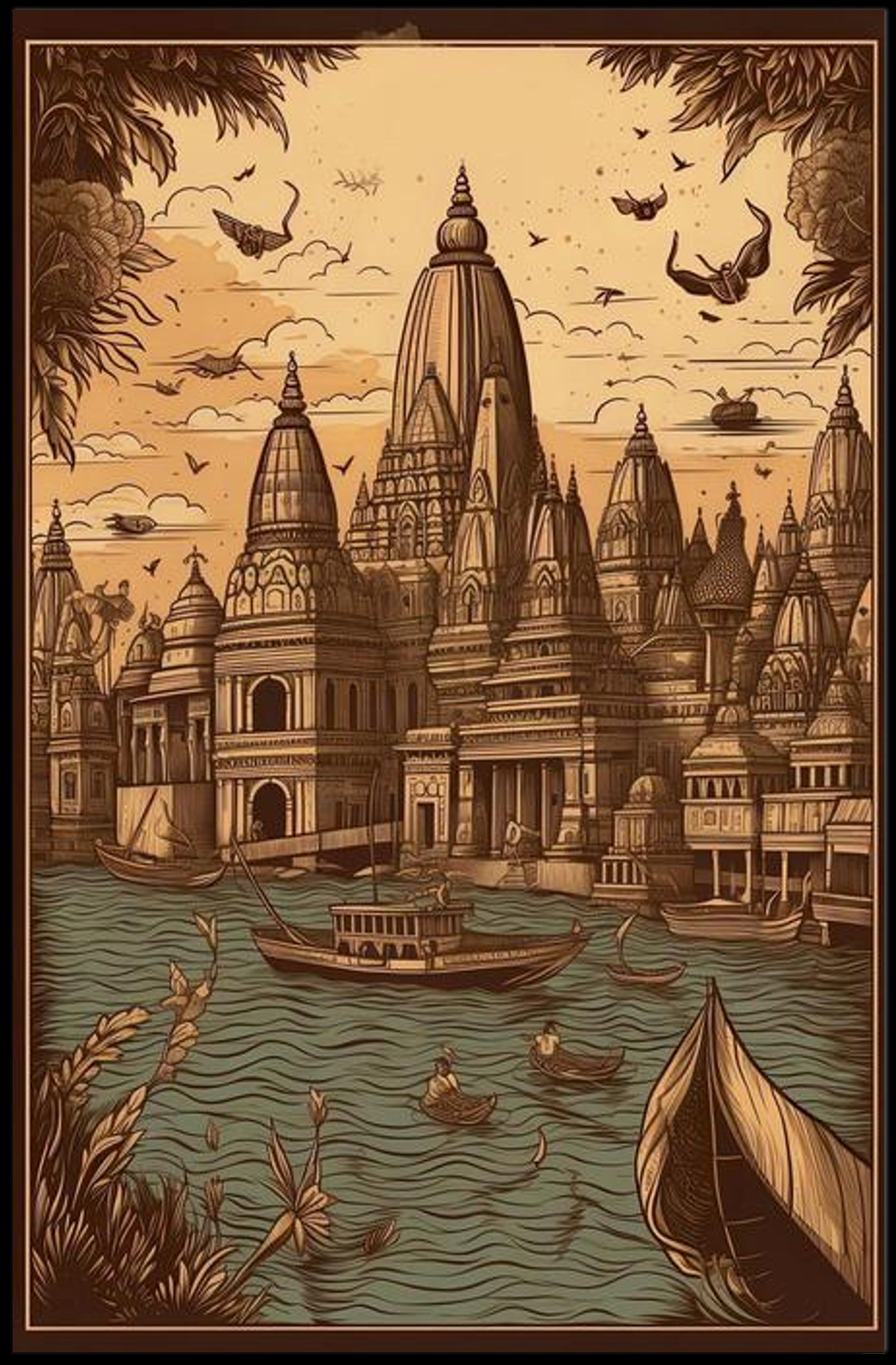 Enchanting Riverside Cityscape with Majestic Temples Poster