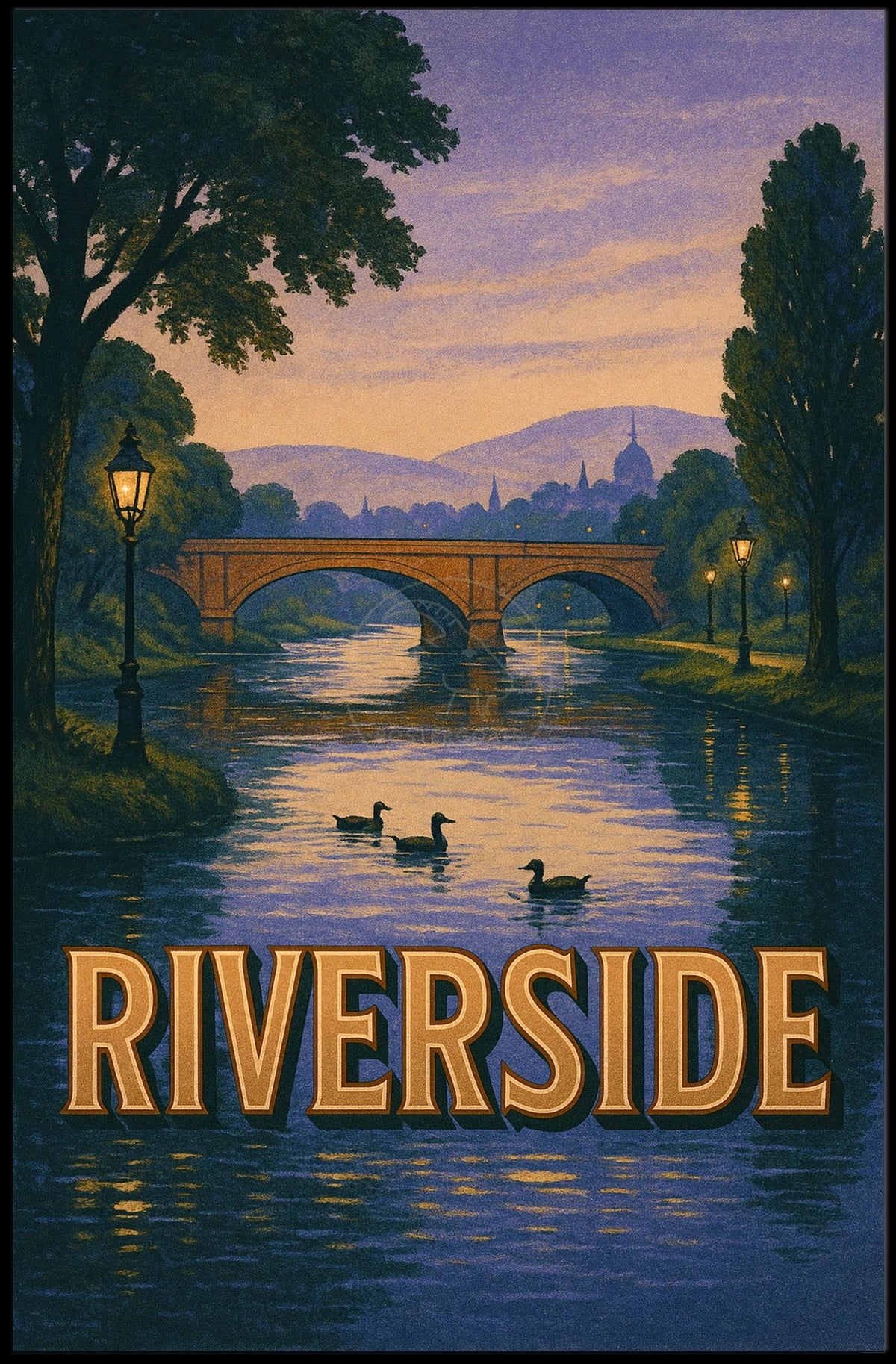 Serene Riverside Scene at Dusk Travel Poster