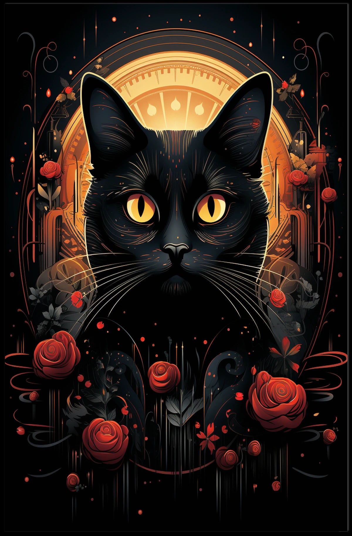 Stylized Black Cat in Ornate Mystical Animal Poster