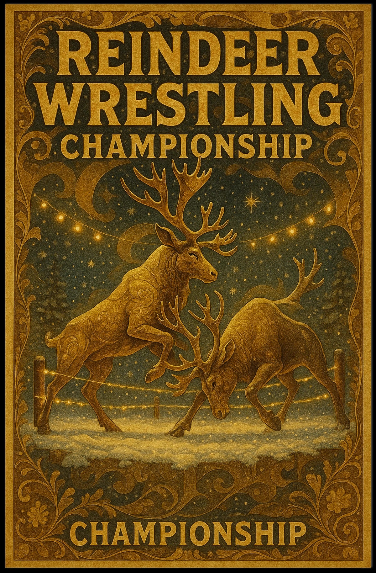 Reindeer Wrestling Vintage Fantasy Mythology Poster