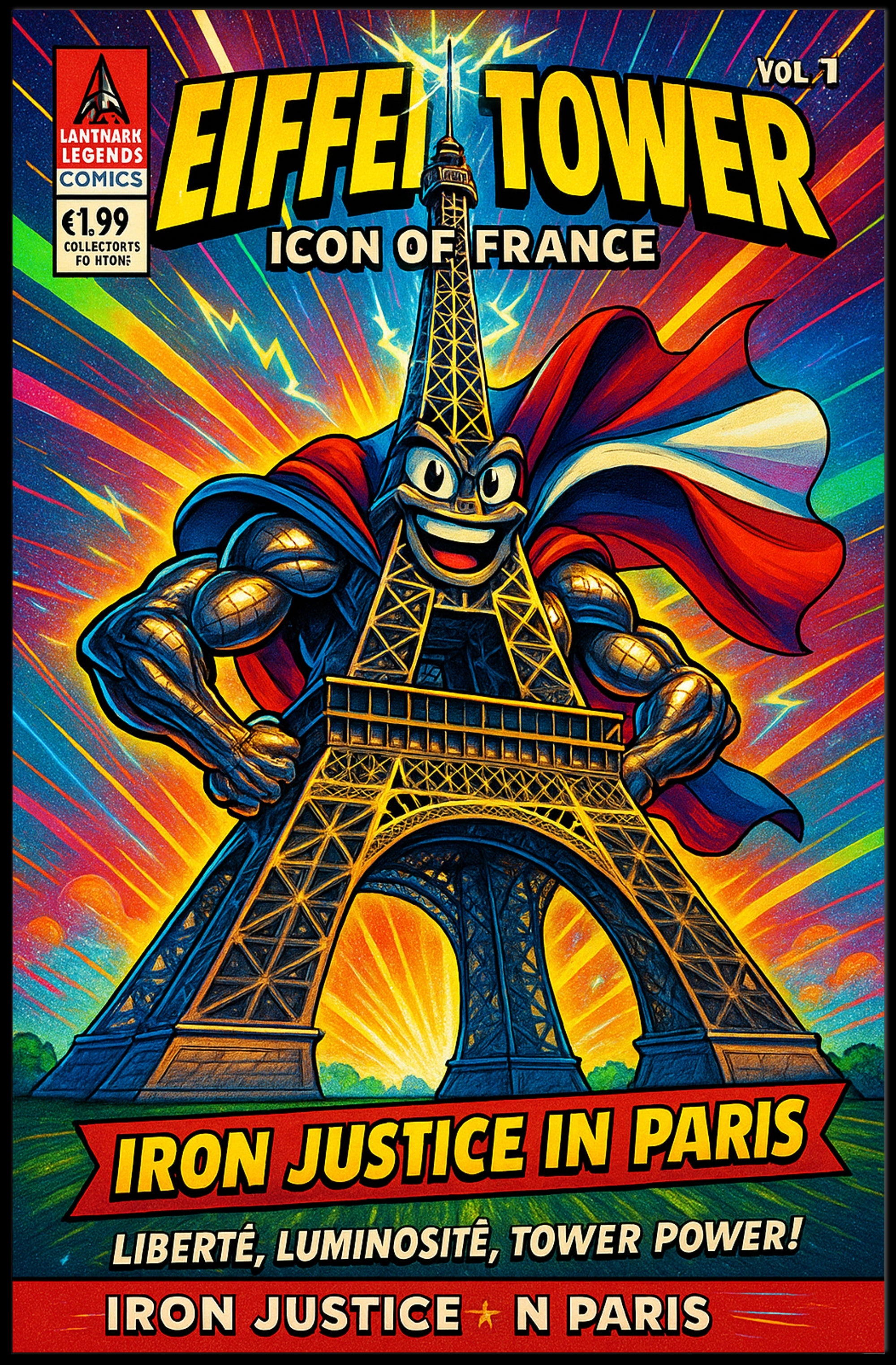 Eiffel Tower Superhero Comic Art Cultural Poster
