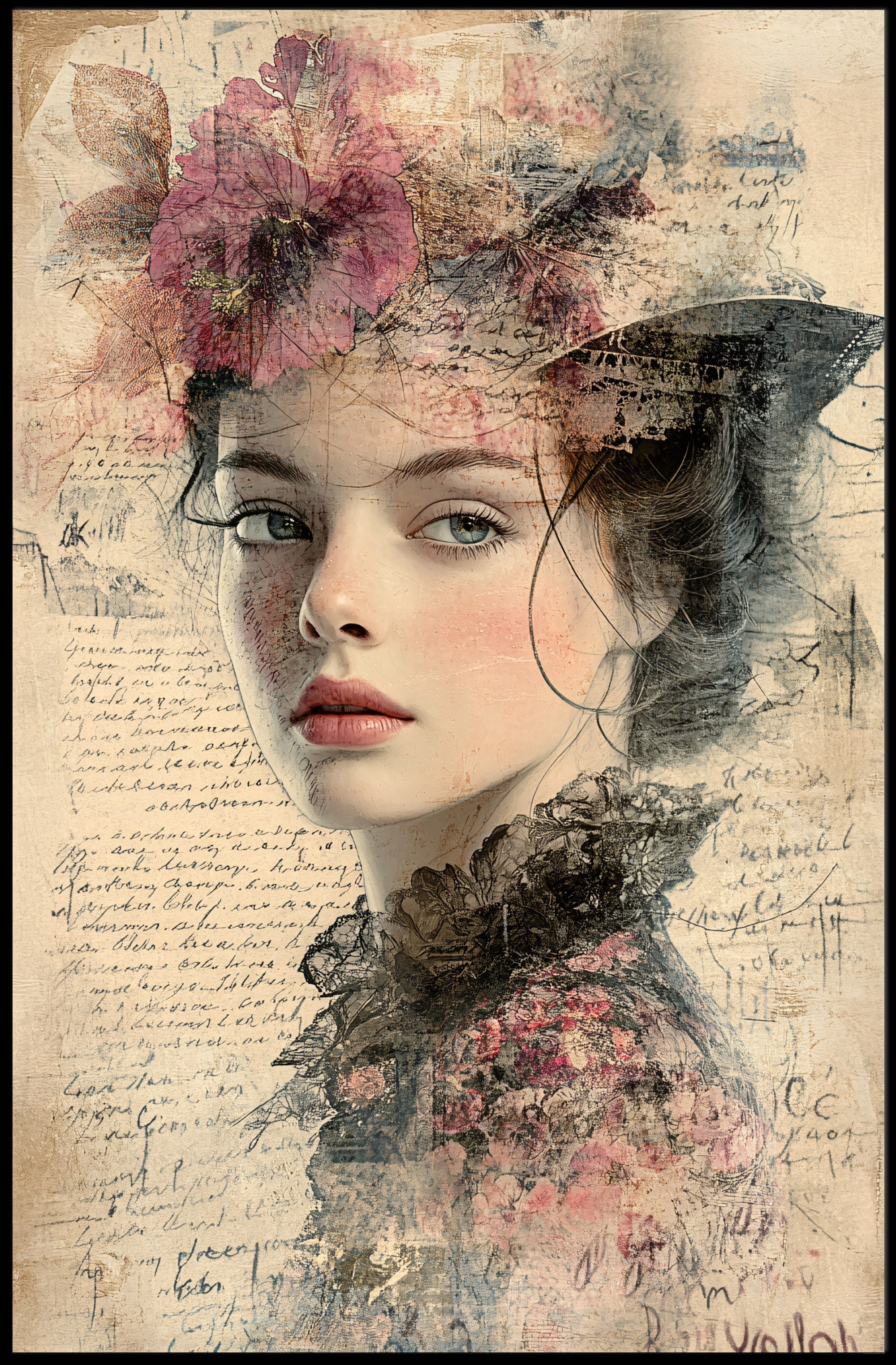 Vintage Dreamy Woman Floral Art Print - Abstract or Artistic Poster