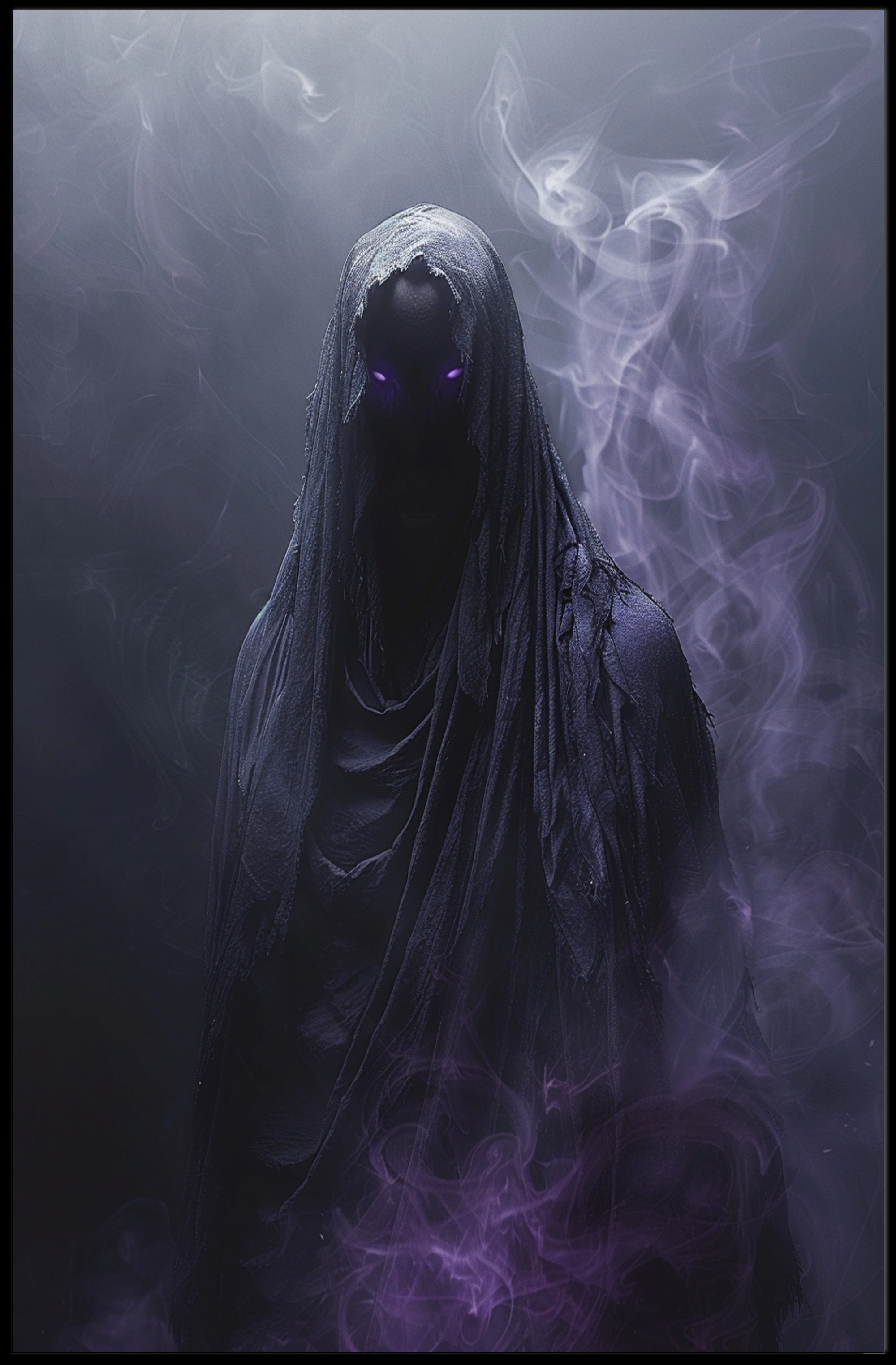 Mysterious Cloaked Figure in Dark Fantasy Art Poster PosterGoat