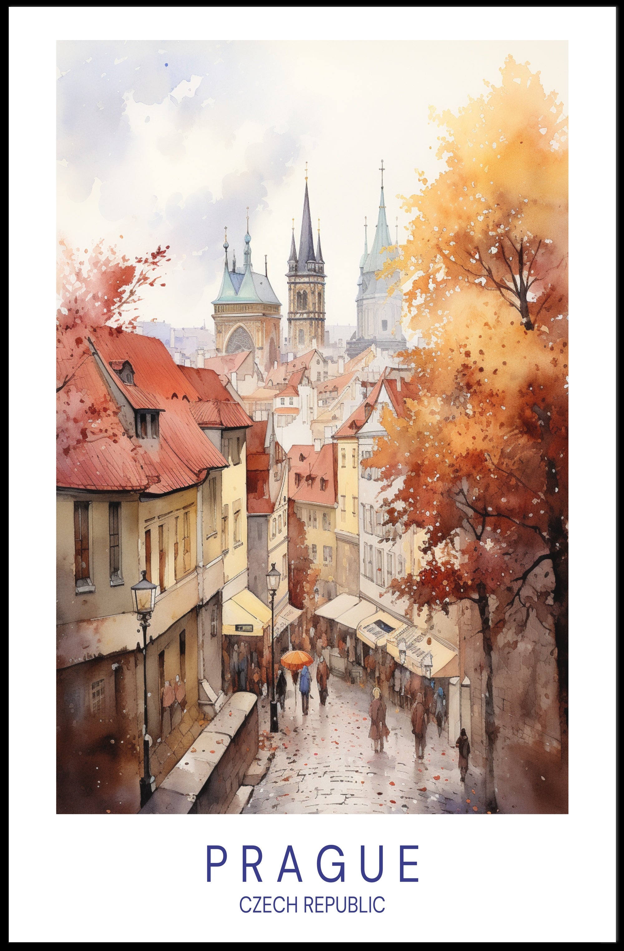 Prague Autumn Watercolor Illustration Urban or Cityscape Poster PosterGoat