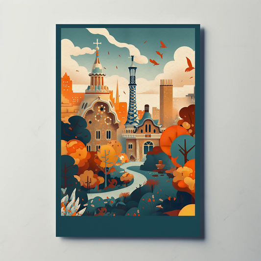 Barcelona Park Guell Surreal Skyline Travel Poster