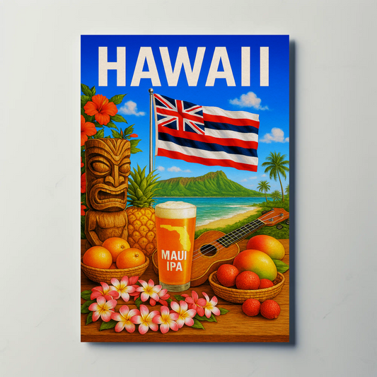 Hawaii Flag Fruits Tiki Beer Music Travel Poster