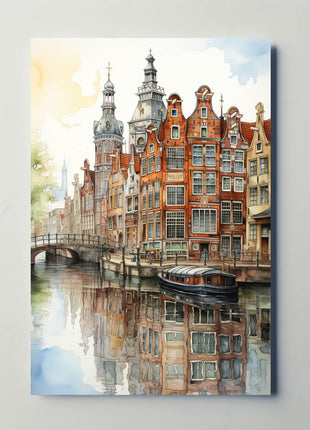 Amsterdam Canal Cityscape Watercolor Travel Poster