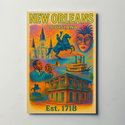New Orleans Louisiana Jazz Mardi Gras Steamboat Travel Poster
