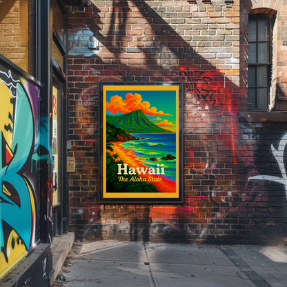 Hawaii Aloha State Colorful Coastline Travel Poster