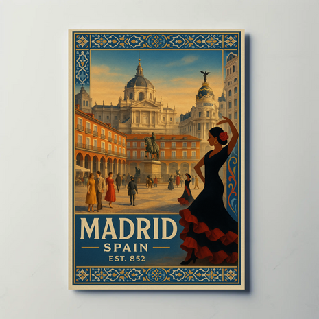 Vintage Madrid Scene with Flamenco Flair Travel Poster