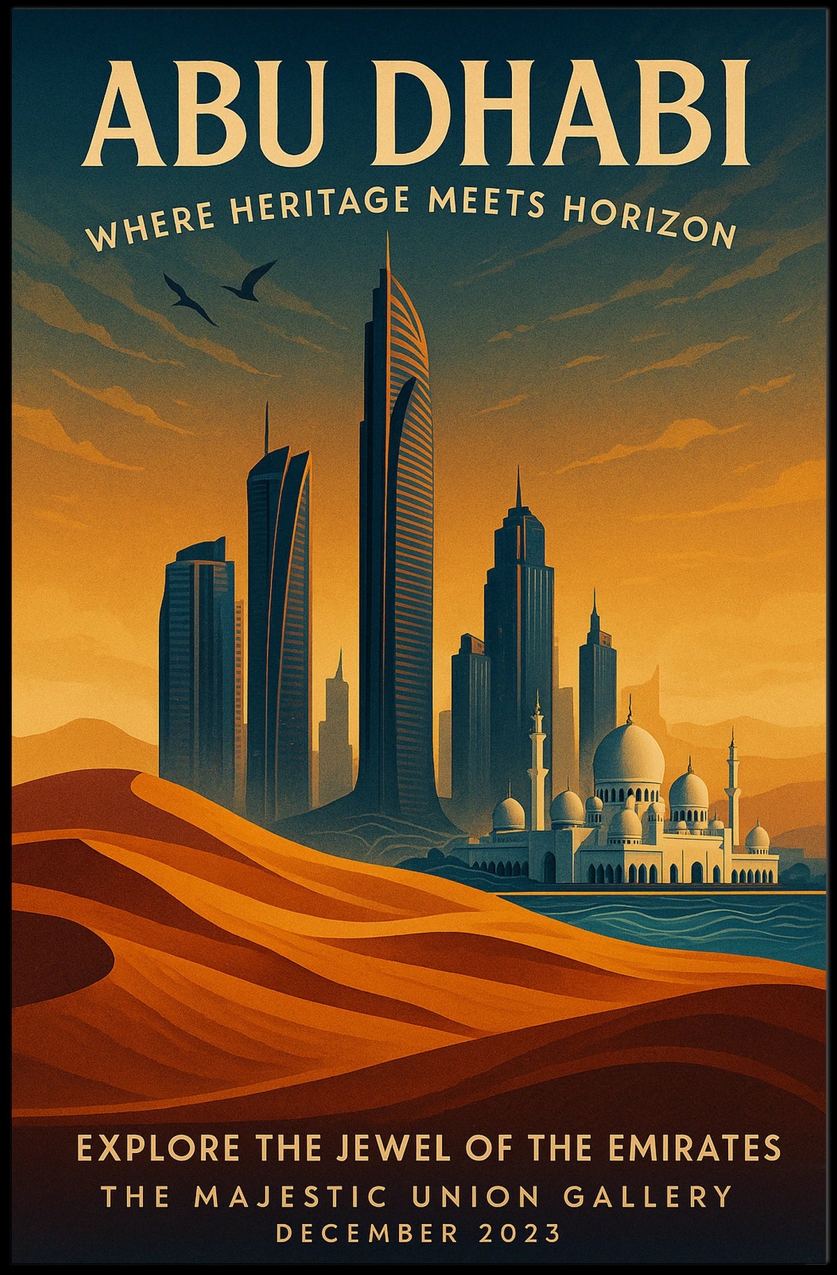 Abu Dhabi skyline and heritage illustrated urban cityscape poster
