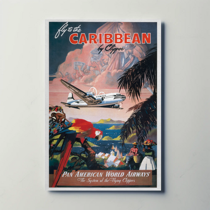 1940s Fly to the Caribbean Vintage Style Tropical Travel Poster