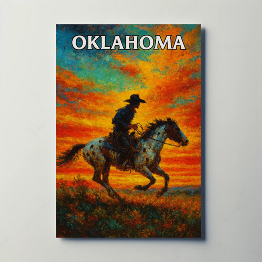 Oklahoma Sunset Cowboy Horseback Western Landscape Travel Poster Travel Poster