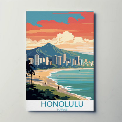 Honolulu Hawaii Sunset Skyline Modern Minimal Travel Poster
