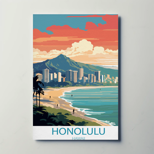 Honolulu Hawaii Sunset Skyline Modern Minimal Travel Poster