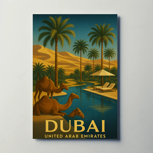 Dubai Desert Luxury Camels Pool Palms Oasis Poster