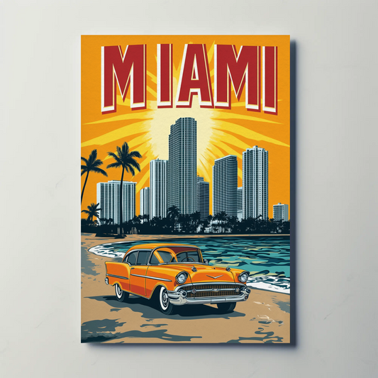 Miami Vintage Poster - Classic Car & Beach