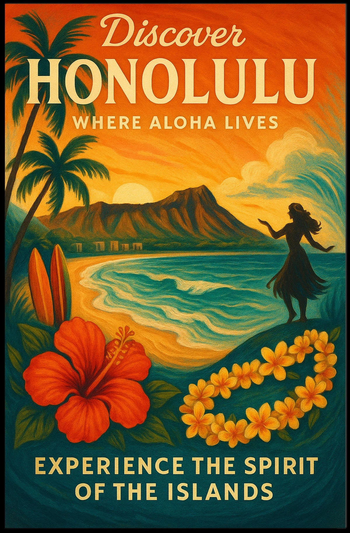 Honolulu Sunset Vintage Travel Poster Art