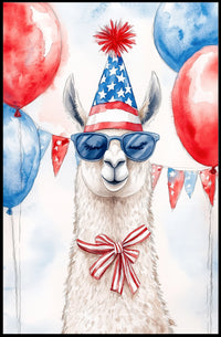 Playful watercolor of a llama wearing a stars and stripes hat and sunglasses standing in front of bunting and balloons in red white and blue Poster