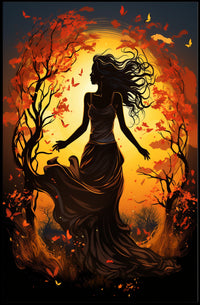 Autumn Dance: Silhouetted Woman in Vibrant Landscape