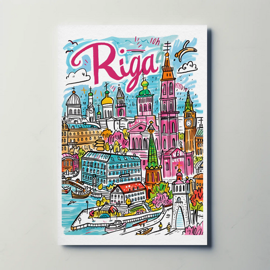 Riga Latvia Colorful Old Town Skyline Travel Poster
