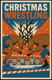 Christmas Wrestling Reindeer Vintage Holiday Poster Art