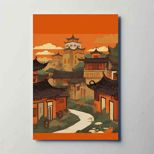 China Village Rooftops Sunset Temple Hills Travel Poster