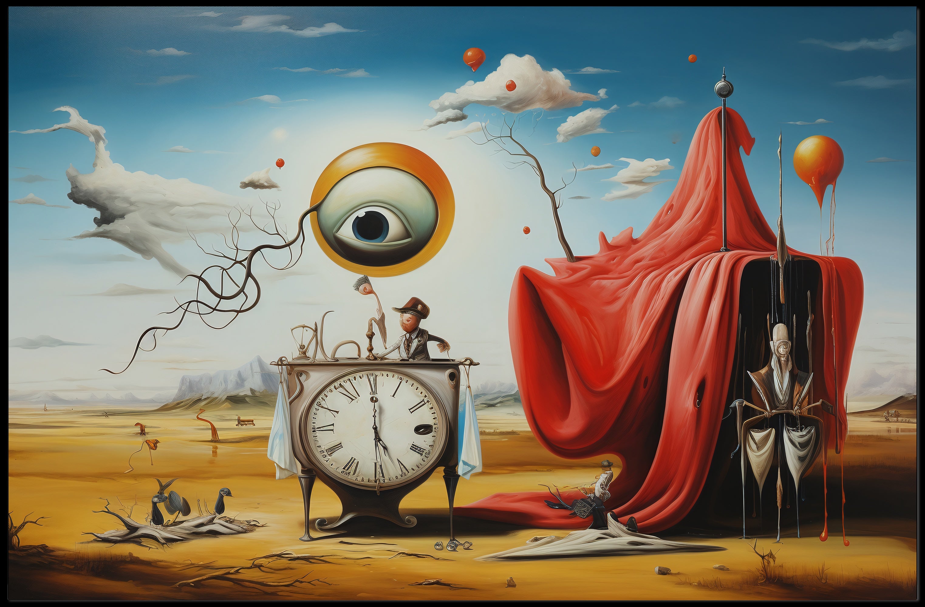 Surreal Desert Clock Scene Artistic Poster