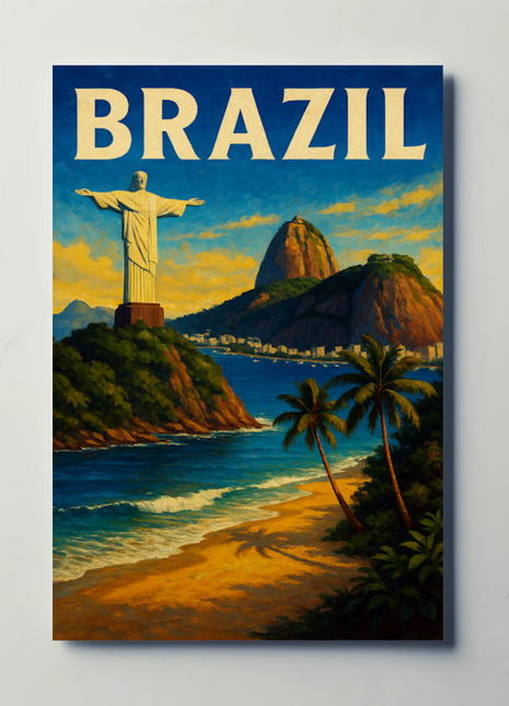 Brazil Rio De Janeiro Christ Statue Beach Travel Poster
