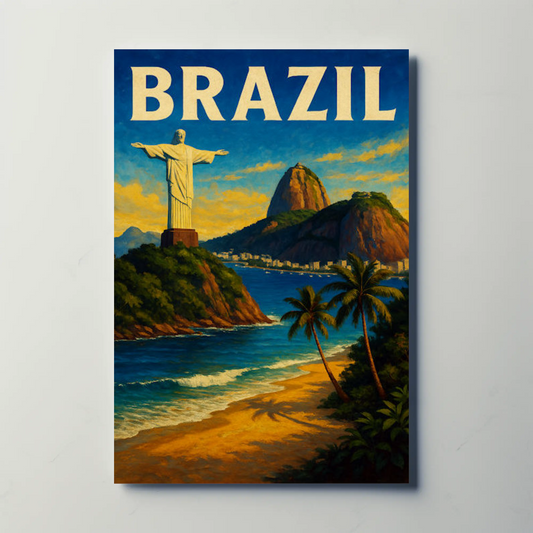 Brazil Rio De Janeiro Christ Statue Beach Travel Poster