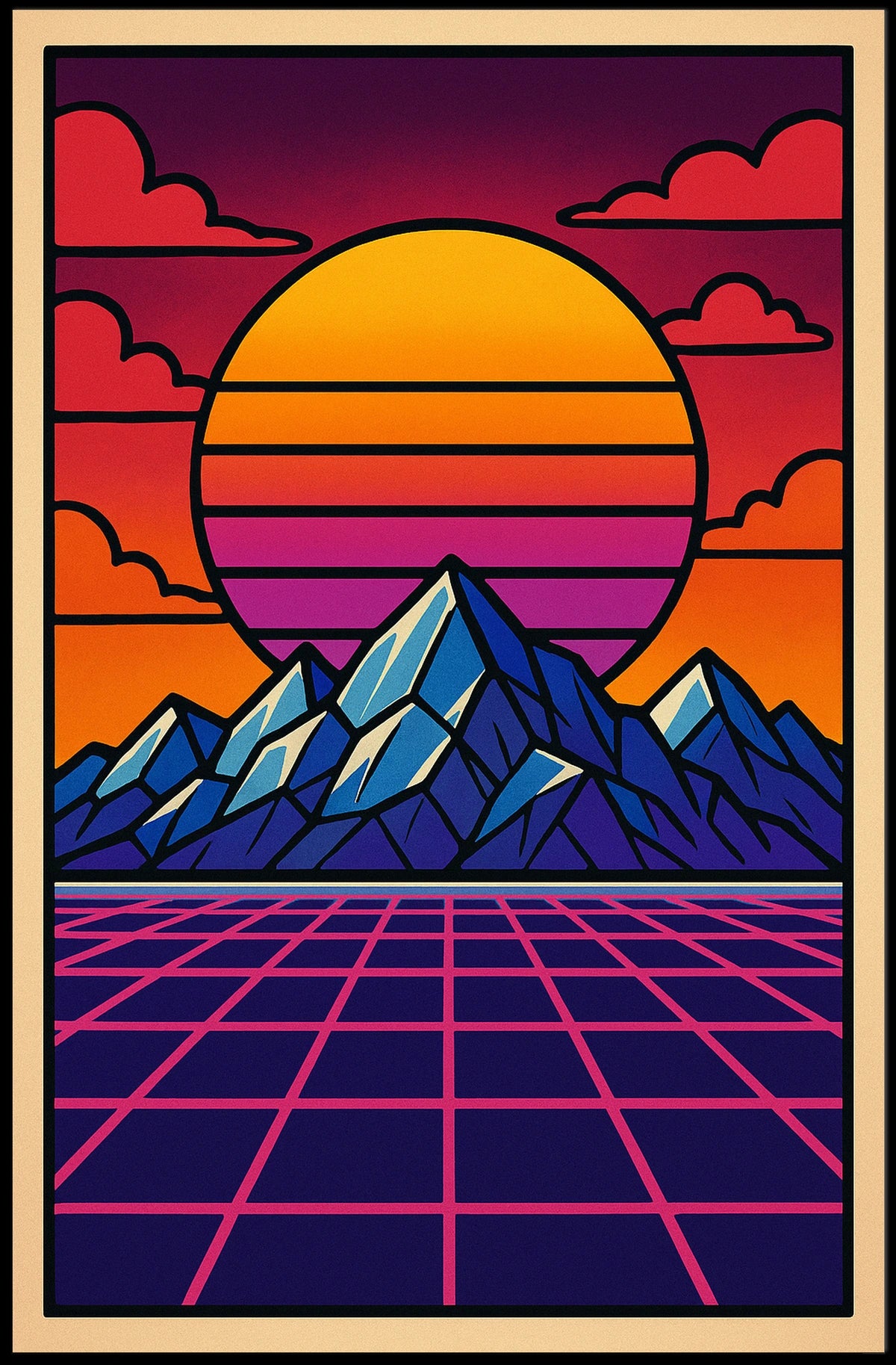Vibrant Retro-Inspired Mountainscape Poster with Futuristic Sci-Fi Elements