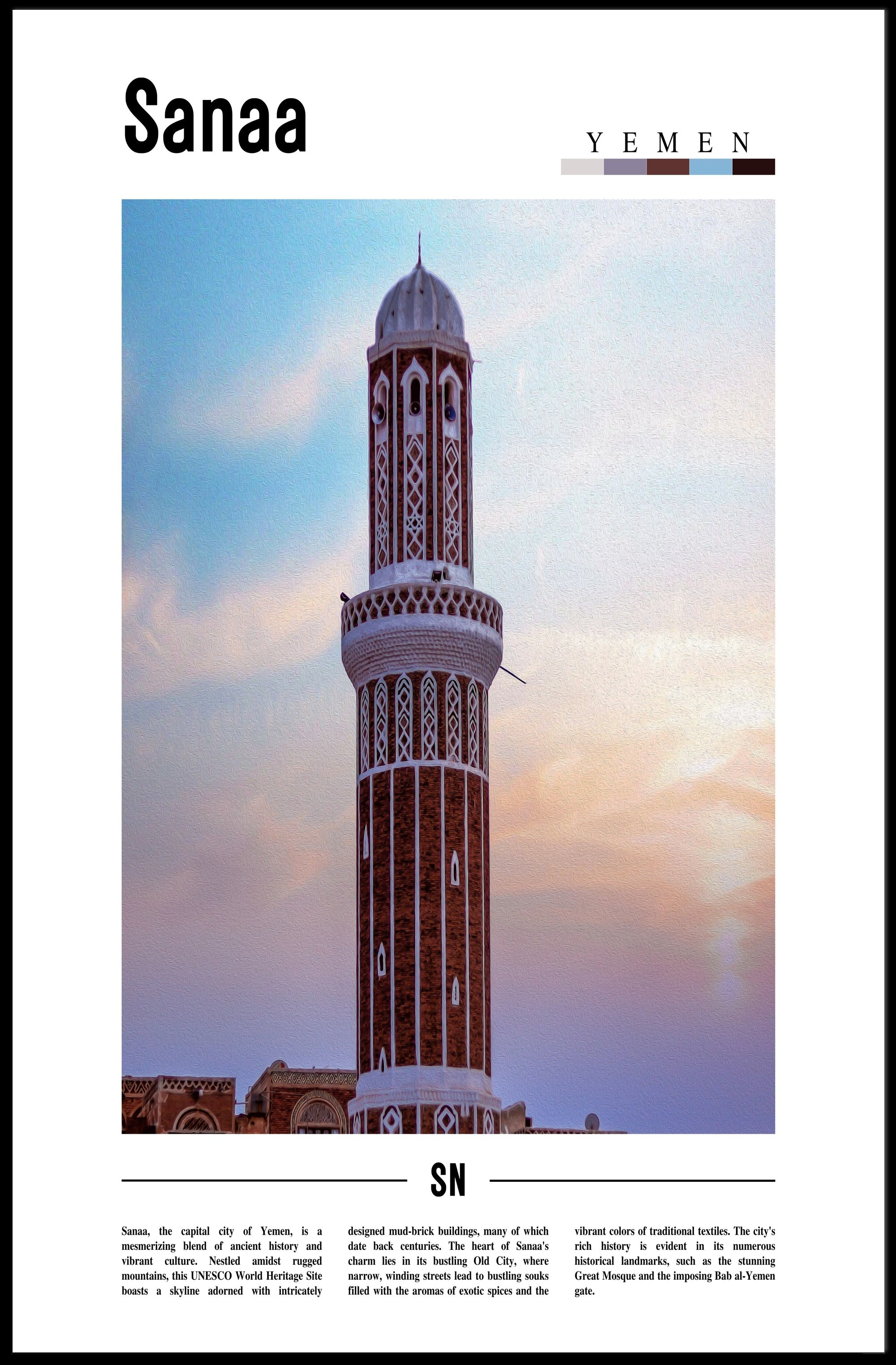 Sanaa's Historic Minaret: Cultural or Heritage Poster PosterGoat